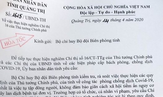 Văn bản của UBND tỉnh Quảng Trị yêu cầu rà soát, chấn chỉnh việc Biên phòng Quảng Trị chưa chấp hành việc giãn cách xã hội. Ảnh: Hưng Thơ.