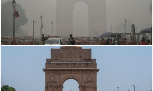 Sự khác nhau giữa 2 bầu không khí ở Ấn Độ vào tháng 11.2019 (ảnh trên) và tháng 3.2020 (ảnh dưới). Ảnh: CNN