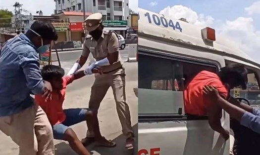 Cảnh sát bang Tamil Nadu, Ấn Độ xử phạt những kẻ vi phạm lệnh phong tỏa bằng cách cho ngồi chung xe với "bệnh nhân" vờ mắc COVID-19. Ảnh: Malay Mail