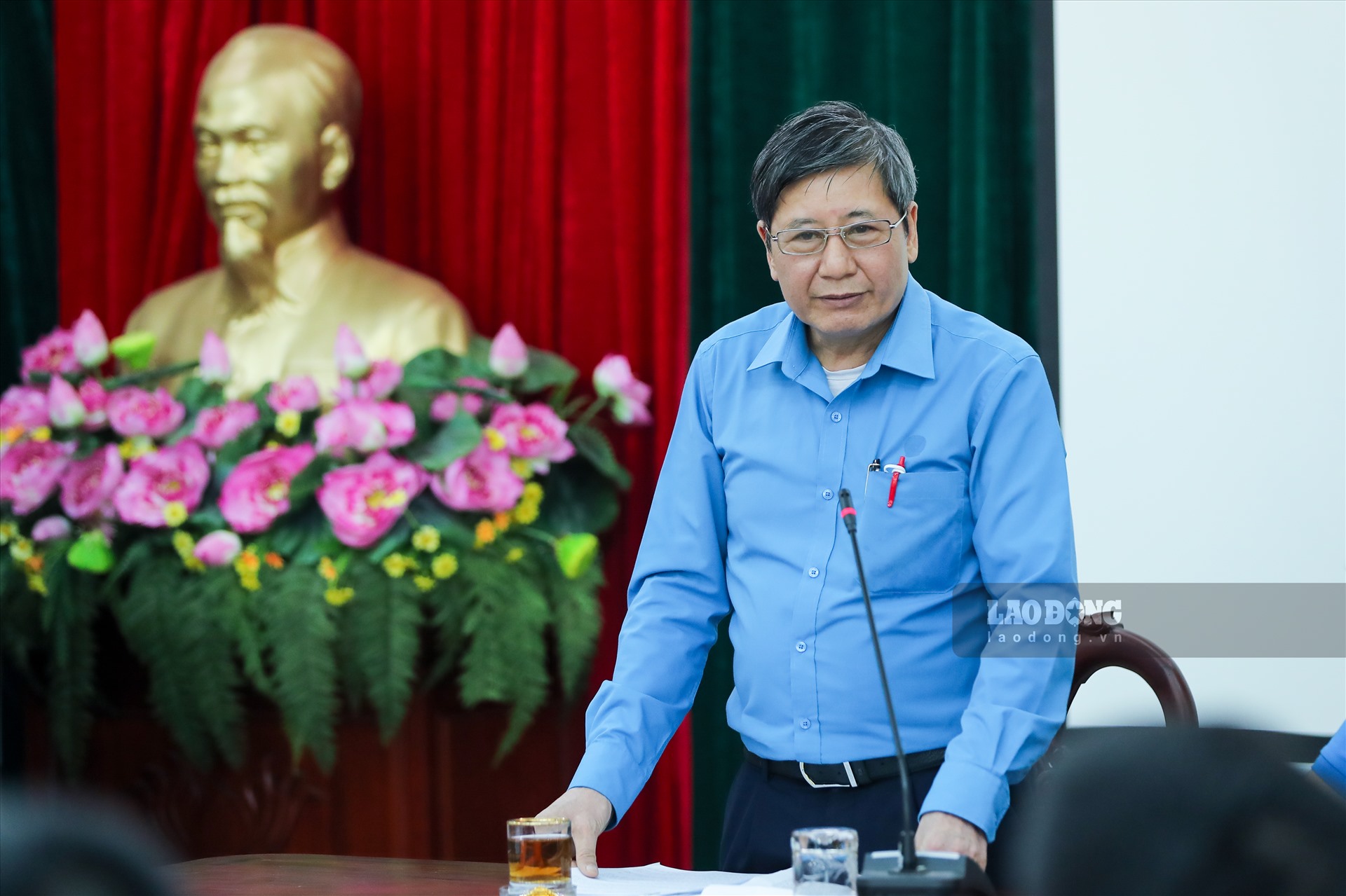 Phó Chủ tịch Thường trực Tổng Liên đoàn Lao động Việt Nam Trần Thanh Hải phát biểu tại buổi làm việc. Ảnh: Sơn Tùng.