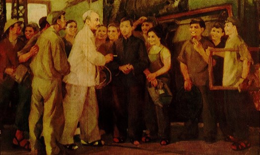 "Bác Hồ với công nhân xe lửa" - sơn dầu (1970), Phạm Lung.