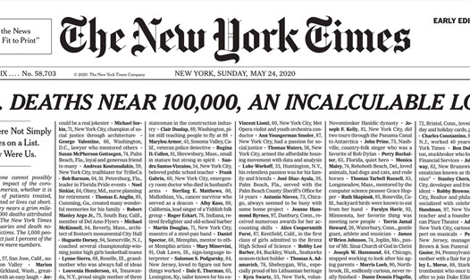 Trang nhất tờ The New York Times số ra ngày 24.5.2020 đăng danh sách 1.000 người tử vong vì COVID-19.