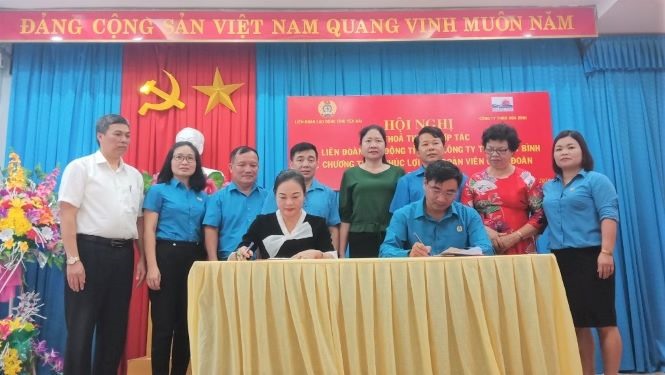 Đại diện lãnh đạo LĐLĐ tỉnh và Công ty TNHH Hòa Bình ký thỏa thuận hợp tác. Ảnh: Quỳnh Hiền