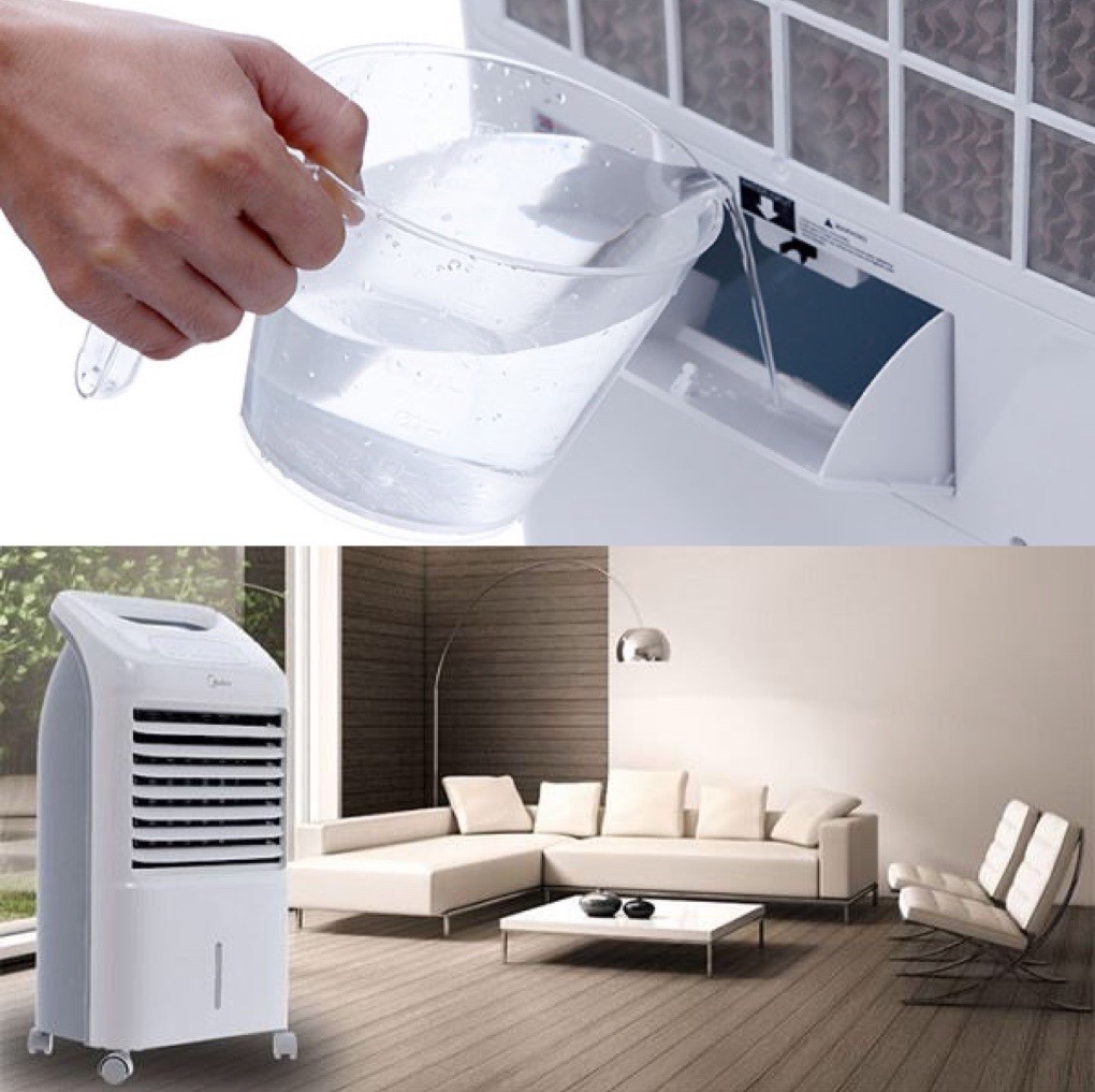 Trước khi khởi động quạt cần đổ đủ nước vào bình chứa. (Đồ họa: Thanh Bình)