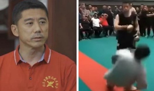 Wang Qingmin (ảnh trái) và hình ảnh trong trận đấu anh hạ gục đại sư Thái cực quyền trong 30 giây. Ảnh: SCMP.