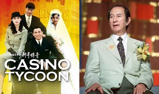 Ông trùm Hà Hồng Sân (phải) và poster phim Casino Tycoon. Ảnh: 8days.sg.