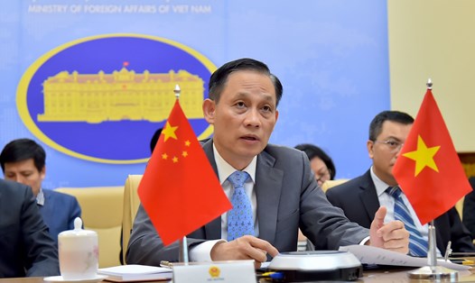 Thứ trưởng Ngoại giao Lê Hoài Trung trong cuộc họp trực tuyến ngày 29.5. Ảnh: Bộ Ngoại giao.