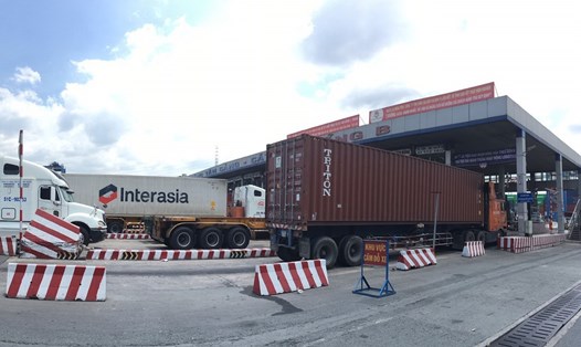 Xe container xếp hàng chờ qua cổng vào cảng Tân Cảng - Cát Lái lấy, xuất hàng hóa.  Ảnh: Anh Tú