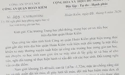 Cảnh báo của Công an quận Hoàn Kiếm gửi tới các trường học trên địa bàn.