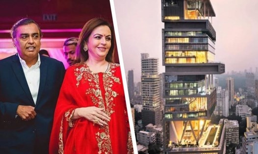 Vợ chồng tỉ phú giàu nhất Châu Á Mukesh Ambani (trái) và tòa nhà Antilia ở Mumbai. Ảnh: SCMP.