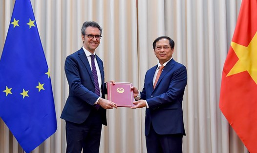 Việt Nam trao các Công hàm cho Liên minh Châu Âu thông báo quyết định của Quốc hội phê chuẩn Hiệp định EVFTA và EVIPA. Ảnh: Bộ Ngoại giao.