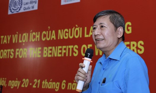 Phó Chủ tịch Thường trực Tổng LĐLĐVN Trần Thanh Hải phát biểu khai mạc Siêu thị giá 0 đồng. Ảnh: Hải Nguyễn