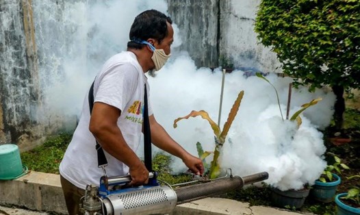 Người dân đang xông khói một khu vực để phòng dịch sốt xuất huyết tại một khu nhà ở Jakarta hôm 11.4. Ảnh: AFP.