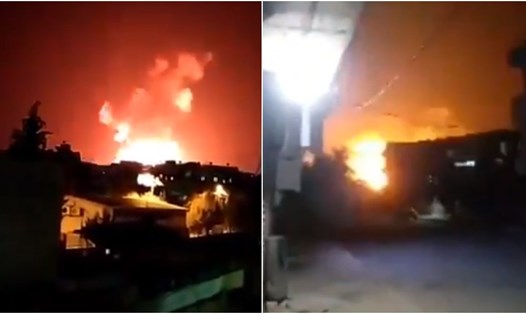 Ảnh chụp màn hình từ các cảnh quay về vụ nổ trong cuộc tấn công các căn cứ quân sự của Syria ở tỉnh Hama. Ảnh: RT.