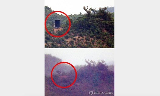 Một chiếc loa tuyên truyền đã được gỡ bỏ (trong vòng tròn, phía dưới) ở thị trấn Kaepung của Triều Tiên tại biên giới phía tây với Hàn Quốc. Ảnh: Yonhap