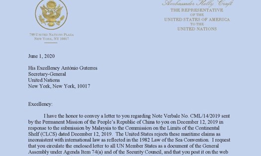 Công hàm của Phái đoàn thường trực Mỹ gửi Liên Hợp Quốc. Ảnh: USUN