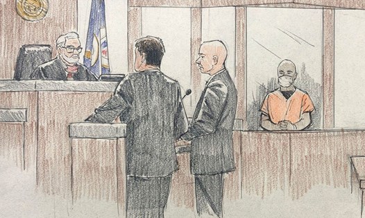 Bản vẽ J. Alexander Kueng trong phiên xét xử tại tòa án ở Minneapolis, Mỹ. Ảnh: Sky News.