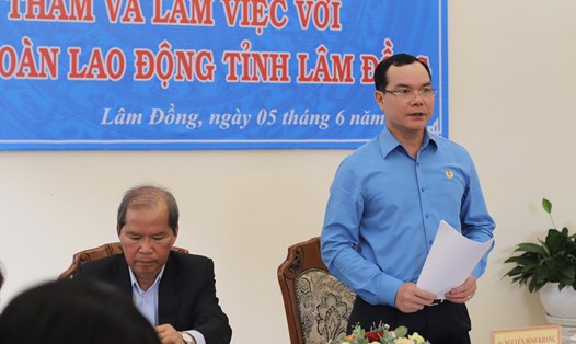 Chủ tịch Tổng LĐLĐVN Nguyễn Đình Khang phát biểu chỉ đạo tại buổi làm việc. Ảnh: Hữu Long
