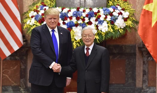 Tổng Bí thư, Chủ tịch Nước Nguyễn Phú Trọng tiếp Tổng thống Mỹ Donald Trump nhân dịp sang Việt Nam dự Hội nghị Thượng đỉnh Mỹ - Triều Tiên lần thứ hai tại Hà Nội tháng 2.2019. Ảnh: VGP