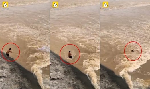 Người đàn ông bị cuốn phăng trong dòng nước xiết chỉ trong vòng 6 giây. Ảnh chụp màn hình Pear video