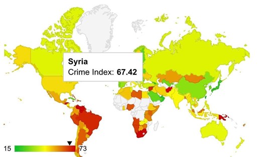 Bản đồ chỉ số tội phạm, màu đỏ là những nước có chỉ số tội phạm cao nhất thế giới, trong đó có Syria. Ảnh: Numbeo