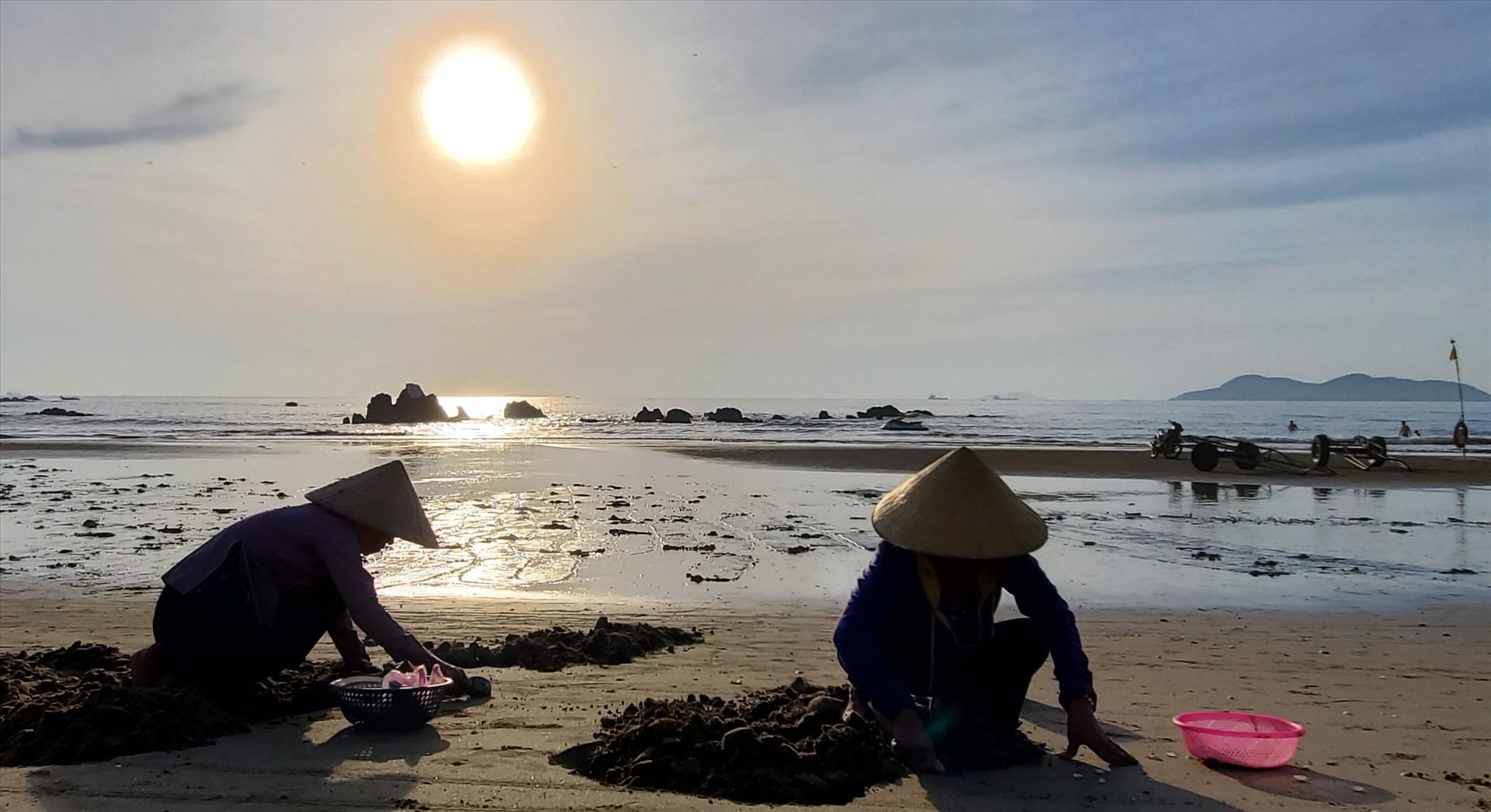 Hình ảnh những phụ nữ, trẻ nhỏ cần mẫn cào Ngao trên bãi biển từ sáng sớm. Ảnh: Lê Phi Long