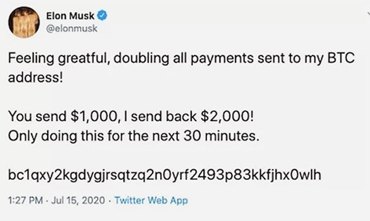 Hacker tấn công chiếm quyền tài khoản Twitter của Elon Musk - CEO của Công ty xe điện Tesla (Mỹ) để lừa đảo. Chụp màn hình.