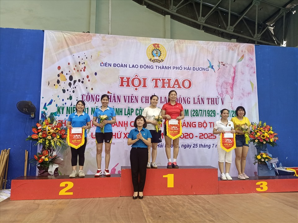 Đại diện lãnh đạo LĐLĐ tỉnh Hải Dương trao phần thưởng cho những đội xuất sắc. Ảnh: Diệu Thuý