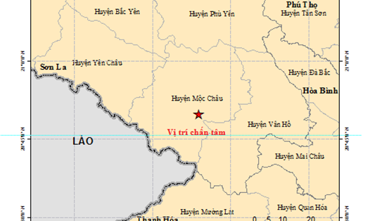 Vị trí chấn tâm của trận động đất trưa 27.7 tại huyện Mộc Châu (Sơn La). Nguồn: Việt Vật lý địa cầu.