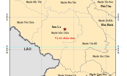 Vị trí chấn tâm của trận động đất thứ 2 tại Mộc Châu (Sơn La), xảy ra chỉ cách trận động đất thứ nhất chưa đến 25 phút. Nguồn: Viện Vật lý địa cầu.