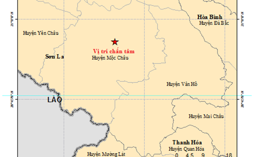 Tâm chấn trận động đất trưa 27.7 tại Mộc Châu (Sơn La). Nguồn: Viện Vật lý địa cầu