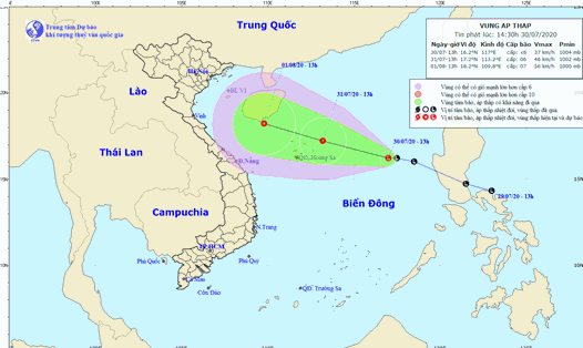 Vị trí và hướng đi của áp thấp trên biển Đông. Nguồn: NCMF
