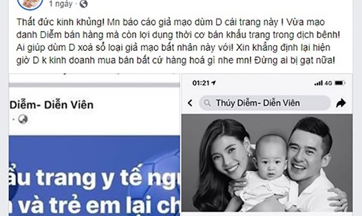 Diễn viên Thúy Diễm cho biết có trang Facebook mạo danh cô để bán khẩu trang với giá "cắt cổ". Ảnh chụp màn hình.