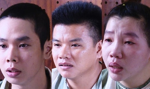 Từ trái qua: Lê Ngọc Hải, Trần Anh Khoa, Huỳnh Thị Kim Ngọc tại cơ quan công an. Ảnh: Công an cung cấp