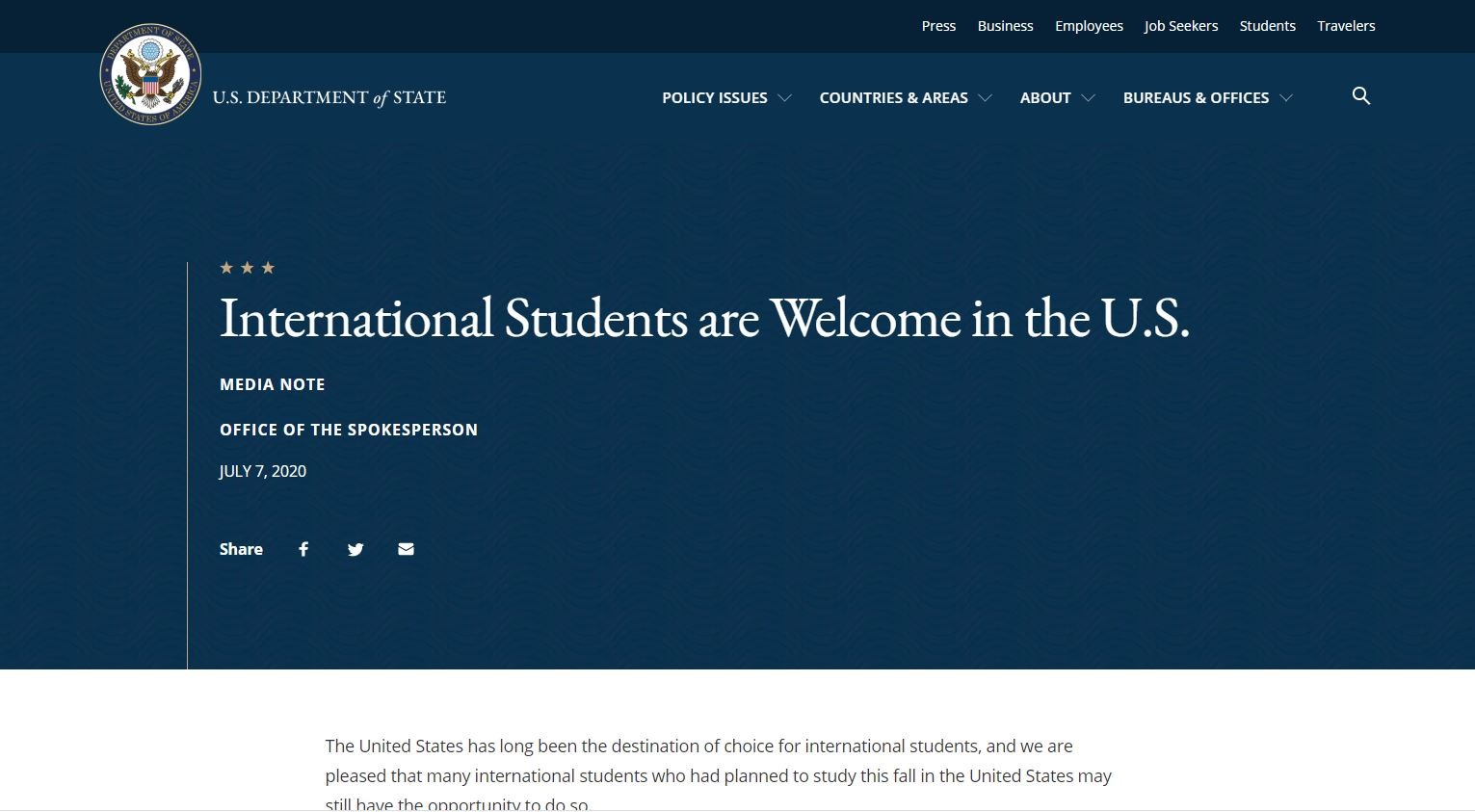 Bộ Ngoại giao Mỹ lên tiếng việc nước này yêu cầu sinh viên quốc tế về nước nếu trường học trực tuyến hoàn toàn. Ảnh chụp màn hình.