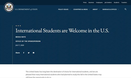 Bộ Ngoại giao Mỹ lên tiếng việc nước này yêu cầu sinh viên quốc tế về nước nếu trường học trực tuyến hoàn toàn. Ảnh chụp màn hình.