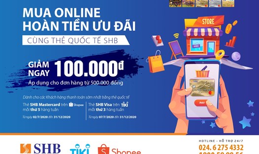 Ngân hàng Sài Gòn – Hà Nội (SHB) tiếp tục hợp tác với 2 đối tác thương mại điện tử Tiki và Shopee triển khai chương trình khuyến mại “Mua Online – Hoàn tiền ưu đãi cùng thẻ quốc tế SHB”.