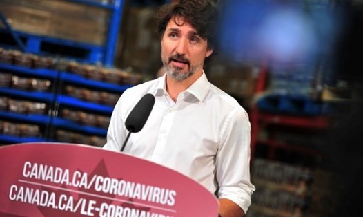 Thủ tướng Canada Justin Trudeau trong một cuộc họp báo truyền thông về đại dịch COVID-19 hồi đầu tháng 6. Ảnh: AFP