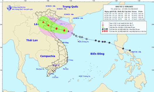 Vị trí và hướng đi của bão số 2 Sinlaku. Ảnh: nchmf.gov.vn.