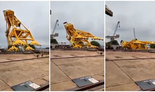 Chiếc cần cầu 70 tấn bị đổ sập khi các công nhân đang trong quá trình thử tải, xảy ra ngày 1.8 tại nhà máy đóng tàu ở thành phố Visakhapatnam, Ấn Độ. Ảnh: IndianExpress