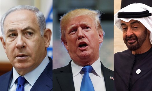 Từ trái qua phải: Thủ tướng Israel Benjamin Netanyahu, Tổng thống Mỹ Donald Trump, Thái tử Abu Dhabi Mohammed bin Zayed. Ảnh: AFP/Reuters