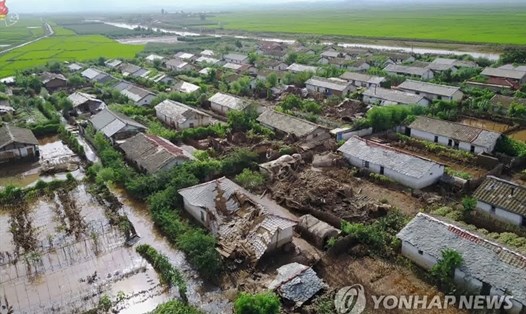 Nhiều ngôi nhà bị hư hại và ngập nước tại một ngôi làng ở Unpha, tỉnh Bắc Hwanghae, Triều Tiên. Ảnh: Yonhap