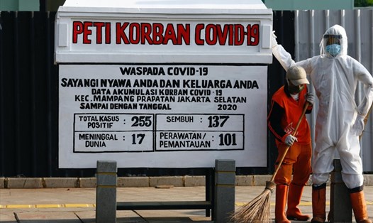Quan tài giả cảnh báo COVID-19 ở thủ đô Jakarta, Indonesia, ngày 19.8.2020. Ảnh: Reuters