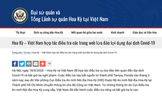 Thông tin về vụ lừa đảo đăng tải trên trang web của Đại sứ quán Hoa Kỳ tại Việt Nam.