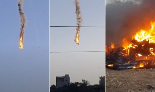Máy bay không người lái Mỹ đâm nhau cháy rụi ở Syria. Ảnh: Twitter