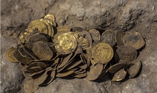 Kho tiền vàng cổ được phát hiện tại một địa điểm khảo cổ ở miền trung Israel. Ảnh: AP.