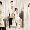 Hoa hậu Phan Thị Mơ và người mẫu Dương Mạc Anh Quân trong tà áo dài cưới. Ảnh: NSCC
