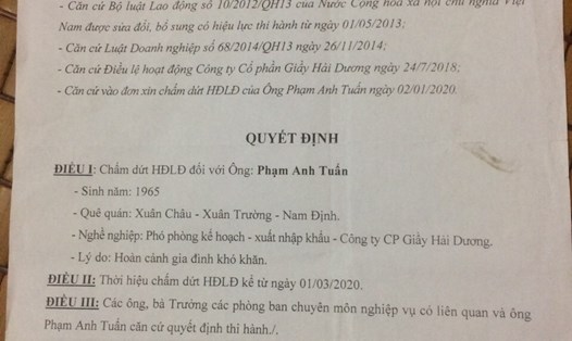 Quyết định chấm dứt hợp đồng lao động đối với ông Phạm Anh Tuấn. Ảnh: Bảo Hân