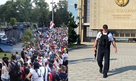 Tổng thống Belarus cầm súng trường trước tư dinh khi biểu tình vẫn tiếp diễn. Ảnh: Sputnik