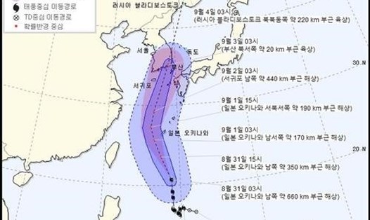Cơ quan khí tượng Hàn Quốc (KMA) cung cấp hình ảnh dự báo về đường đi của bão Maysak vào lúc 3 giờ sáng (giờ địa phương) ngày 31.8. Ảnh: Yonhap.